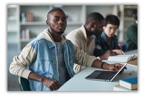 smiling male student in class on laptop