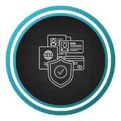 A white line drawing of a shield with a checkmark, with overlapping document shapes like a passport, driver's license, and credit card.