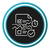 A white line drawing of a document with a checkmark, with wavy lines radiating from it and a small clock icon.