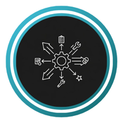 A white line drawing of a central gear with arrows branching out, each with a small icon at its tip (checklist, wrench, star).
