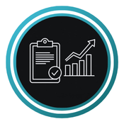 A white line drawing of a clipboard with a checkmark next to an upward-trending bar graph.