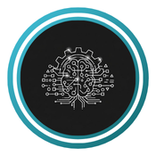 A white line drawing of a stylized brain with interconnected nodes and lines, with abstract symbols representing data, and an integrated gear.