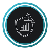 A white line drawing of a shield containing a bar graph, with an exclamation mark and a bell icon above it.