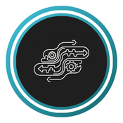 A white line drawing of interconnected, flowing lines and shapes with integrated gears, arrows, and puzzle pieces.