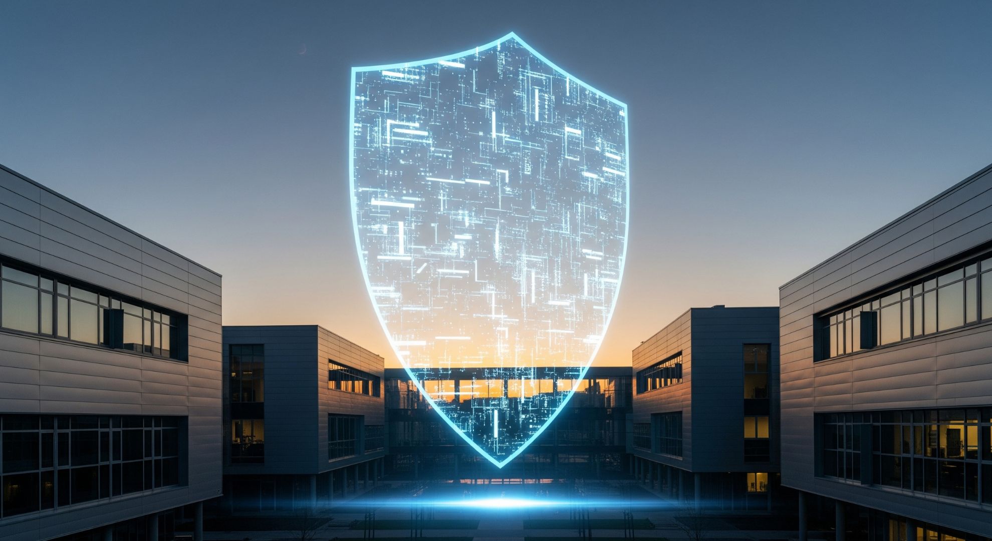 shield graphic between business buildings
