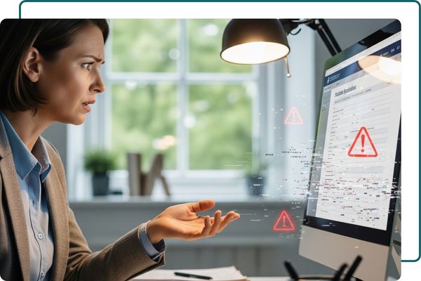 A professional woman sits at a desk and looks at her computer screen with a concerned expression, gesturing toward several red warning icons that are displayed over an application form.