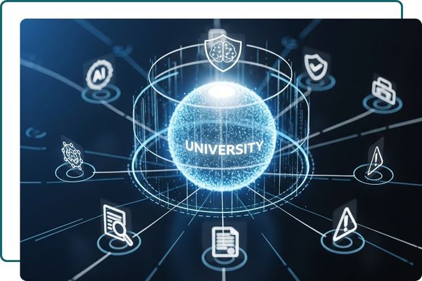 A digital illustration of a glowing blue data sphere with the word 'University' on it, surrounded by a network of technology and security icons.