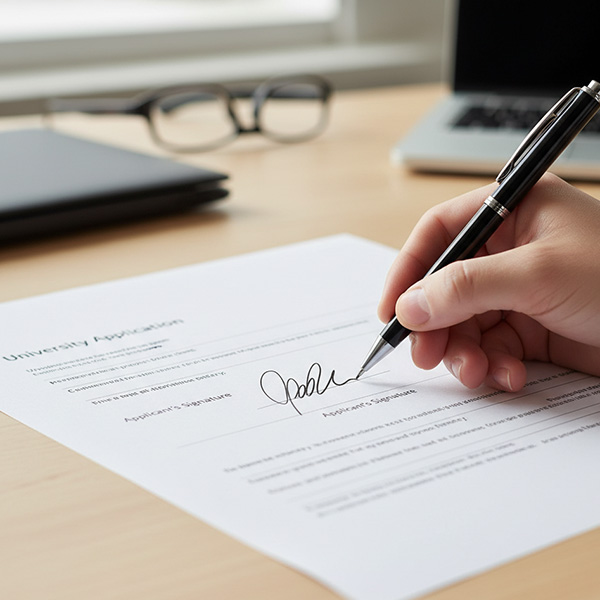 A close-up view shows a fraudulent signature being written on a university application form.