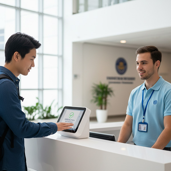 An advanced biometric scanner successfully verifies a student's identity at a university service desk.