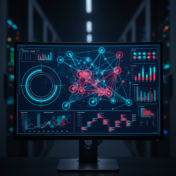 A complex data visualization on a screen displays interconnected patterns of fraudulent online activity.
