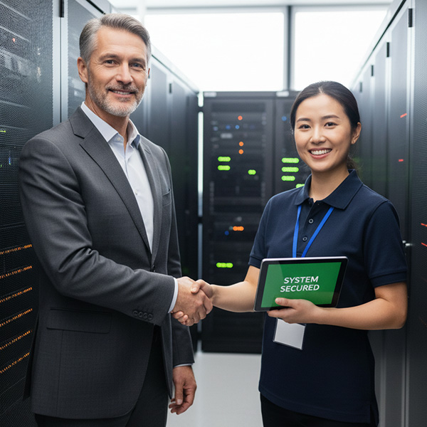 A university dean and a security professional shake hands in a secure server room, celebrating a successful collaboration.