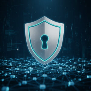Digital shield protecting a network of interconnected data nodes, symbolizing advanced security and fraud protection for university data.