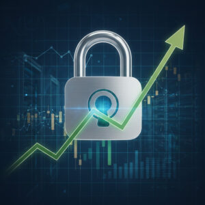 Digital image representing financial security with a large lock icon on a stable growth chart.