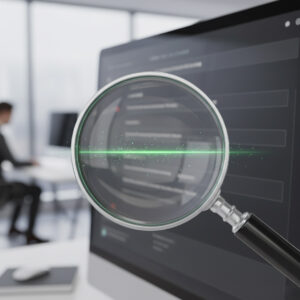 Close-up of a magnifying glass inspecting clean, validated digital application data.