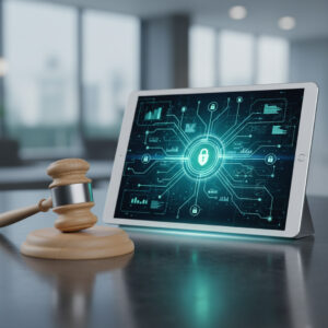 Modern gavel next to a tablet showing a secure, compliant data network.
