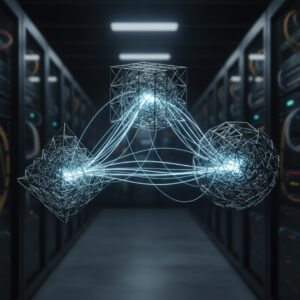 Abstract image showing glowing lines connecting three previously separate geometric shapes, symbolizing data integration and the elimination of silos.