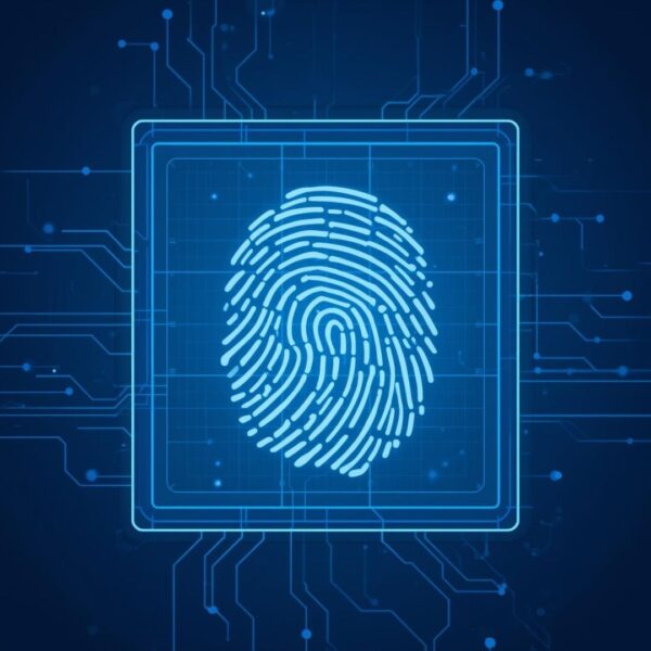 Advanced identity verification interface with biometric scanning patterns.