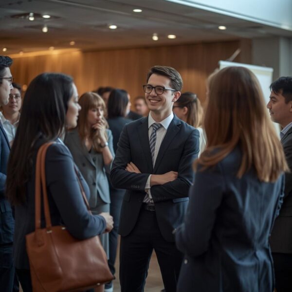 Professionals networking at a higher education conference in Atlanta.