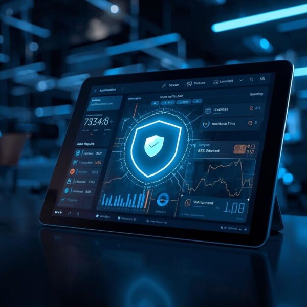 A digital tablet showing a secure verification dashboard with a shield icon, representing application integrity and fraud detection.