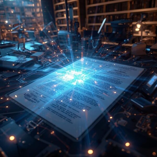 A conceptual image of an academic transcript being scanned by AI light beams, symbolizing automated transcript evaluation.
