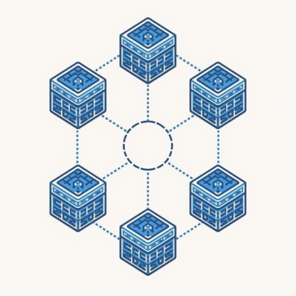 A minimalist representation of data cubes merging into a single central sphere, symbolizing the elimination of data silos.