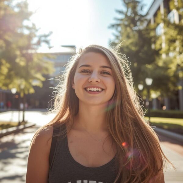 A smiling student on a sunny university campus, representing the ultimate goal of student success and equitable enrollment.