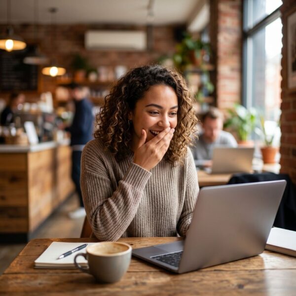 A woman with curly hair laughing and covering her mouth in delight while looking at a laptop screen in a warm, rustic coffee shop environment.
