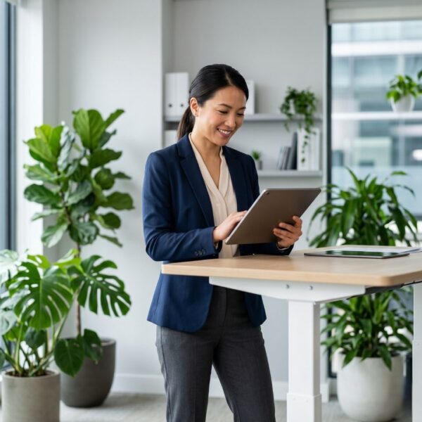 A professional woman in a navy blazer and grey trousers standing at a modern white sit-stand desk, smiling while interacting with a tablet.