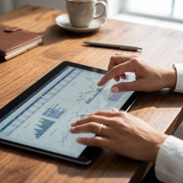 A sharp, close-up shot of a person’s hands using a tablet on a wooden desk, with the screen displaying various blue and green data line graphs and analytical charts.