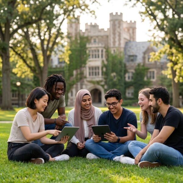 A diverse group of six students sitting in a circle on a green campus lawn, engaged in a cheerful discussion while looking at a tablet, with a large stone collegiate-gothic building in the background.