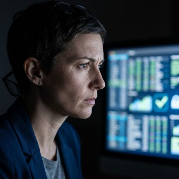 A close-up profile shot of a woman with short hair looking intently at a glowing computer screen in a darkened room, reflecting deep concentration.