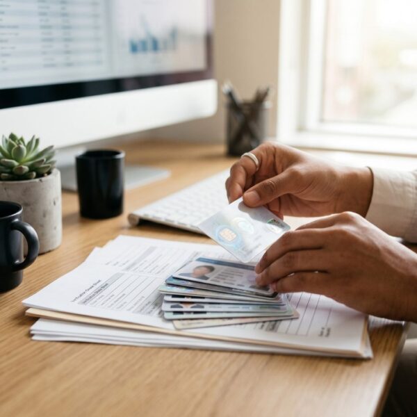 A close-up of a person's hands on a wooden desk sorting through a stack of various government-issued identification cards and documents.