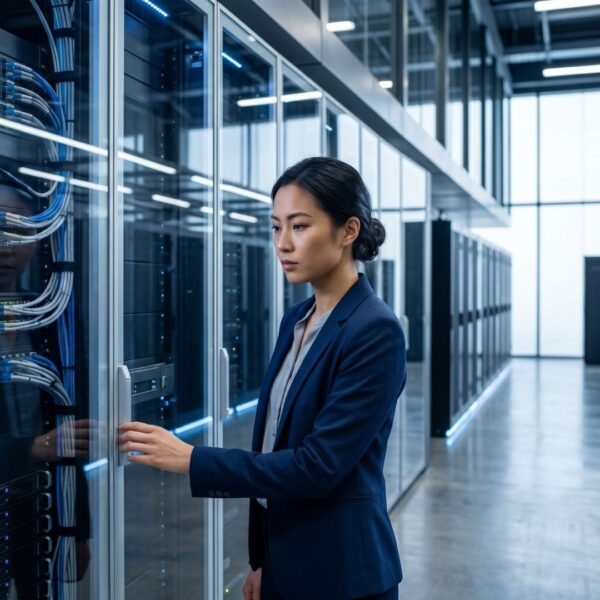 A professional woman in a dark blazer standing in a high-tech data center, placing her hand on the glass door of a server rack.