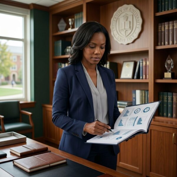 A professional woman in a navy blazer standing in a traditional wood-paneled office, reviewing a folder of printed reports containing various business charts and graphs.
