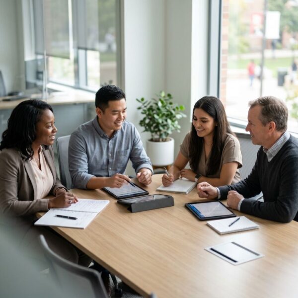 A diverse group of four professional colleagues sitting around a wooden table in a bright office, collaborating and looking at tablets and notebooks.
