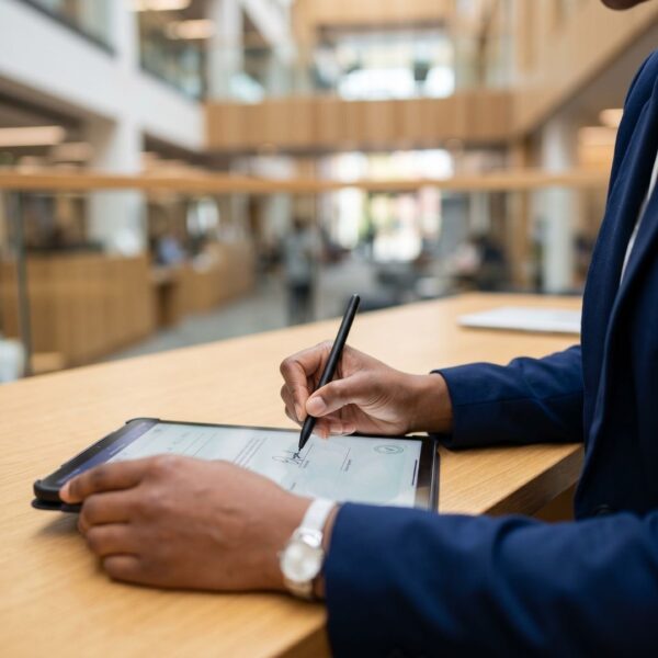 A close-up shot of a person’s hand using a stylus to sign a digital document on a tablet in a modern, open-concept office or library.