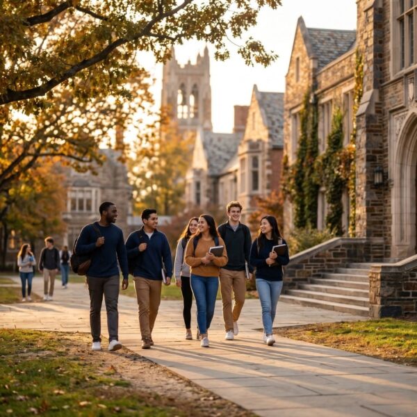A group of diverse college students walking together on a sunny university campus with historic stone buildings and autumn trees in the background.