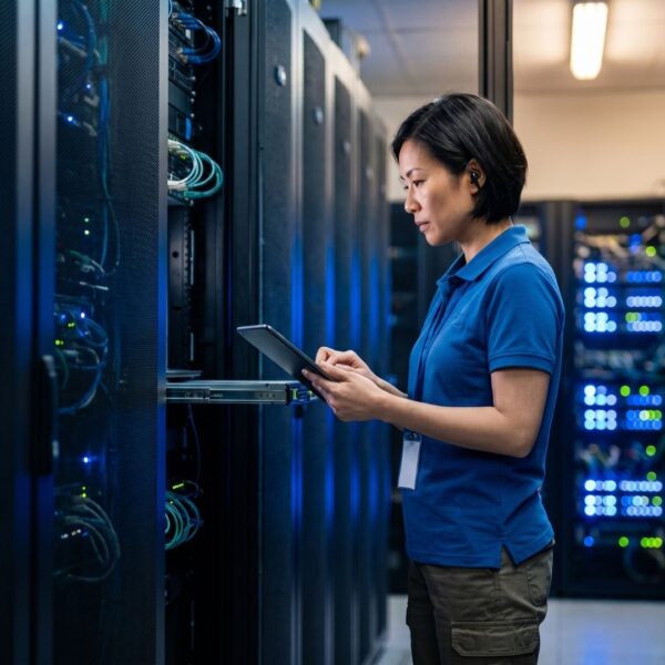 A professional woman in a blue polo shirt using a tablet while standing in a high-tech server room with rows of glowing blue computer racks.